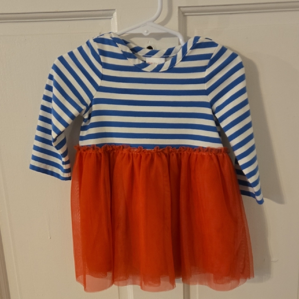 Hanna Anderson Blue and White Striped Dress with Coral Tulle